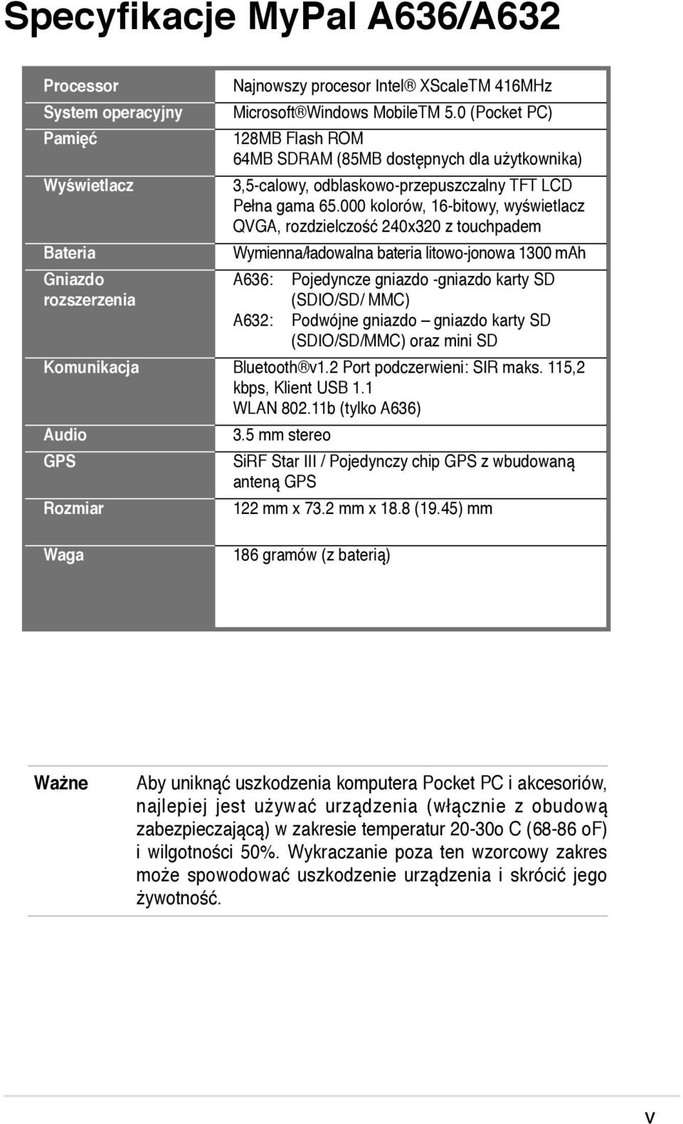 000 kolorów, 16-bitowy, wyświetlacz QVGA, rozdzielczość 240x320 z touchpadem Wymienna/ładowalna bateria litowo-jonowa 1300 mah A636: Pojedyncze gniazdo -gniazdo karty SD (SDIO/SD/ MMC) A632: Podwójne