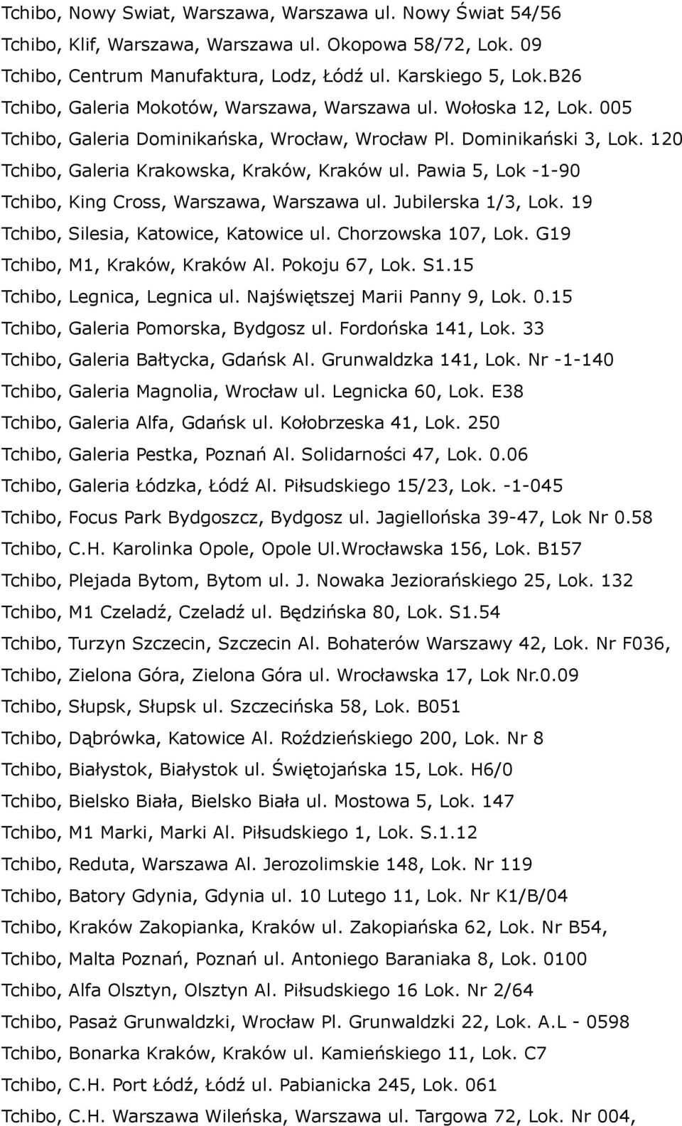 Pawia 5, Lok -1-90 Tchibo, King Cross, Warszawa, Warszawa ul. Jubilerska 1/3, Lok. 19 Tchibo, Silesia, Katowice, Katowice ul. Chorzowska 107, Lok. G19 Tchibo, M1, Kraków, Kraków Al. Pokoju 67, Lok.