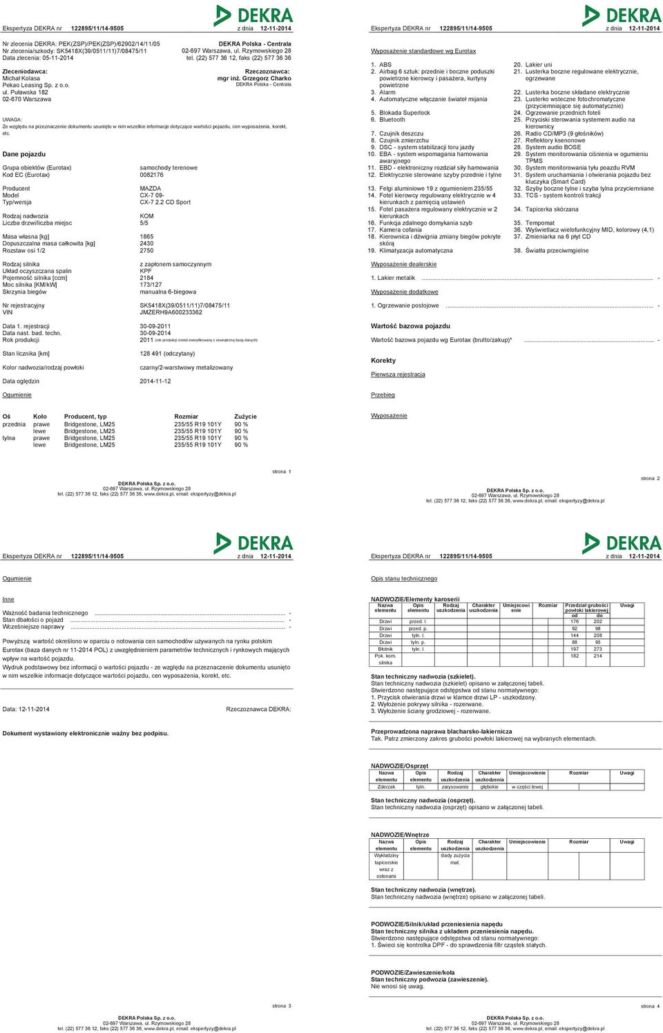 Grzegorz Charko DEKRA Polska - Centrala Ze względu na przeznaczenie dokumentu usunięto w nim wszelkie informacje dotyczące wartości pojazdu, cen wyposażenia, korekt, etc.