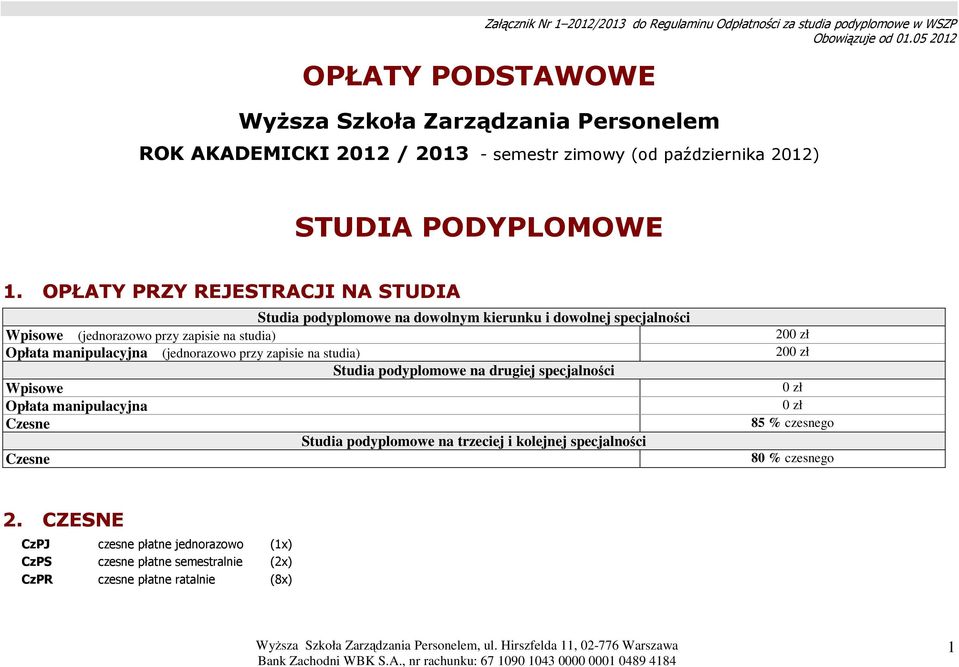 OPŁATY PRZY REJESTRACJI NA STUDIA Studia podyplomowe na dowolnym kierunku i dowolnej specjalności Wpisowe (jednorazowo przy zapisie na studia) Opłata manipulacyjna (jednorazowo przy