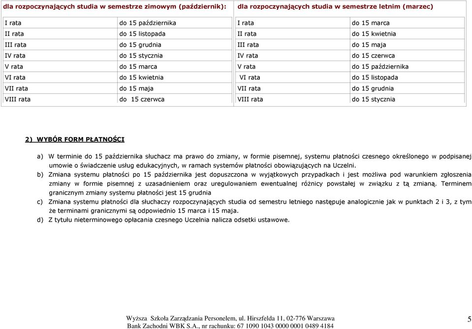 rata do 15 maja VII rata do 15 grudnia VIII rata do 15 czerwca VIII rata do 15 stycznia 2) WYBÓR FORM PŁATNOŚCI a) W terminie do 15 października słuchacz ma prawo do zmiany, w formie pisemnej,