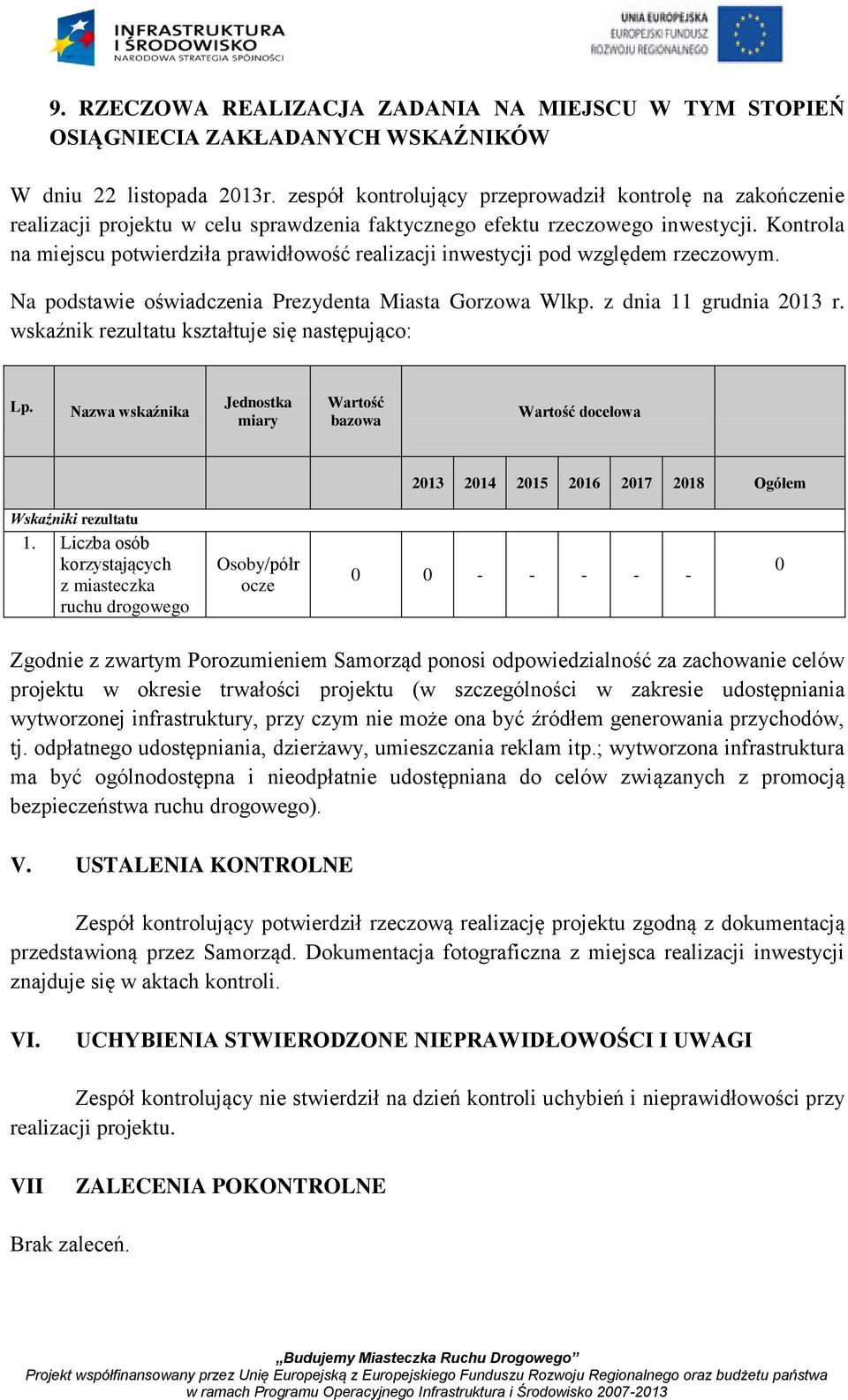 Kontrola na miejscu potwierdziła prawidłowość realizacji inwestycji pod względem rzeczowym. Na podstawie oświadczenia Prezydenta Miasta Gorzowa Wlkp. z dnia 11 grudnia 2013 r.