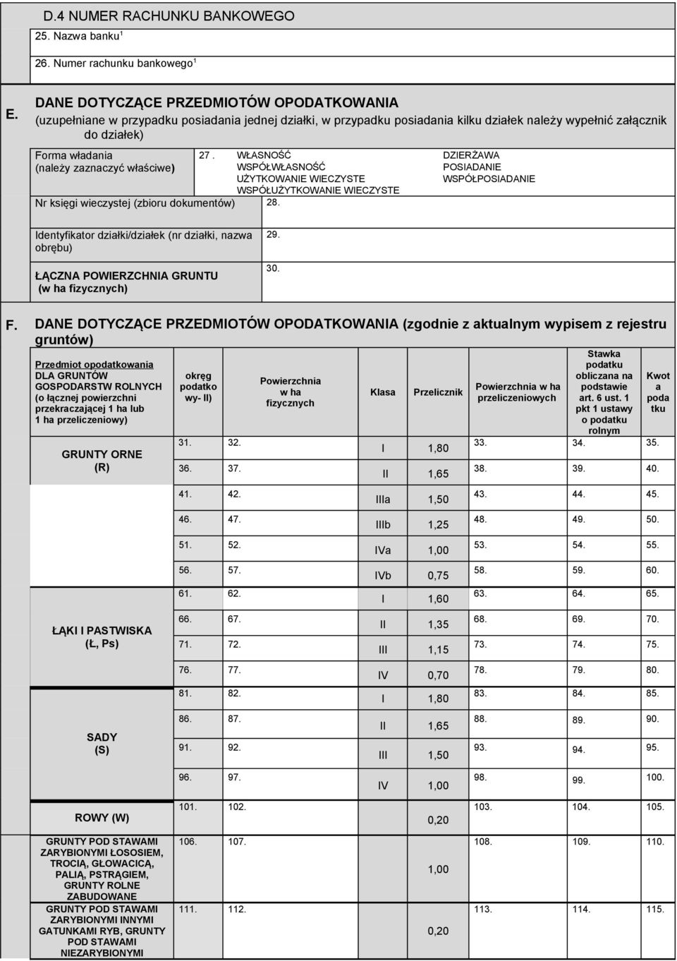 zaznaczyć właściwe) 27. WŁASNOŚĆ DZIERŻAWA WSPÓŁWŁASNOŚĆ POSIADANIE UŻYTKOWANIE WIECZYSTE WSPÓŁPOSIADANIE WSPÓŁUŻYTKOWANIE WIECZYSTE Nr księgi wieczystej (zbioru dokumentów) 28.