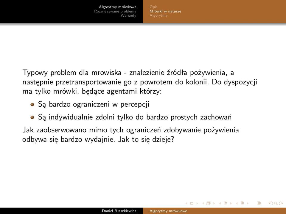 Do dyspozycji ma tylko mrówki, będące agentami którzy: Są bardzo ograniczeni w percepcji Są