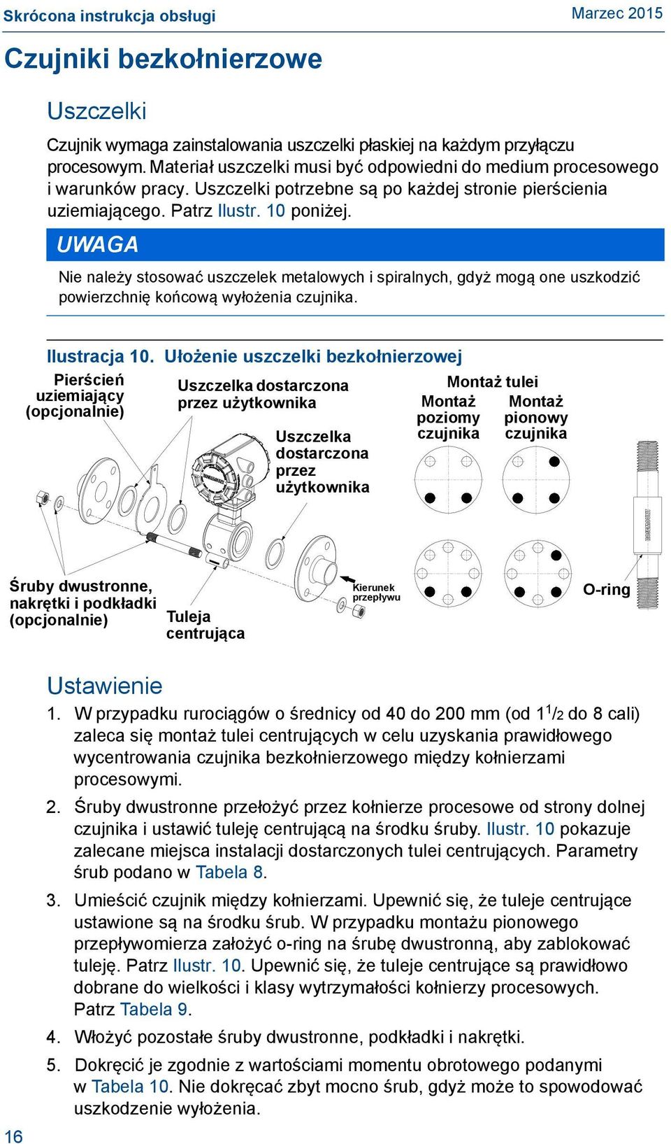 UWAGA Nie należy stosować uszczelek metalowych i spiralnych, gdyż mogą one uszkodzić powierzchnię końcową wyłożenia czujnika. Ilustracja 10.