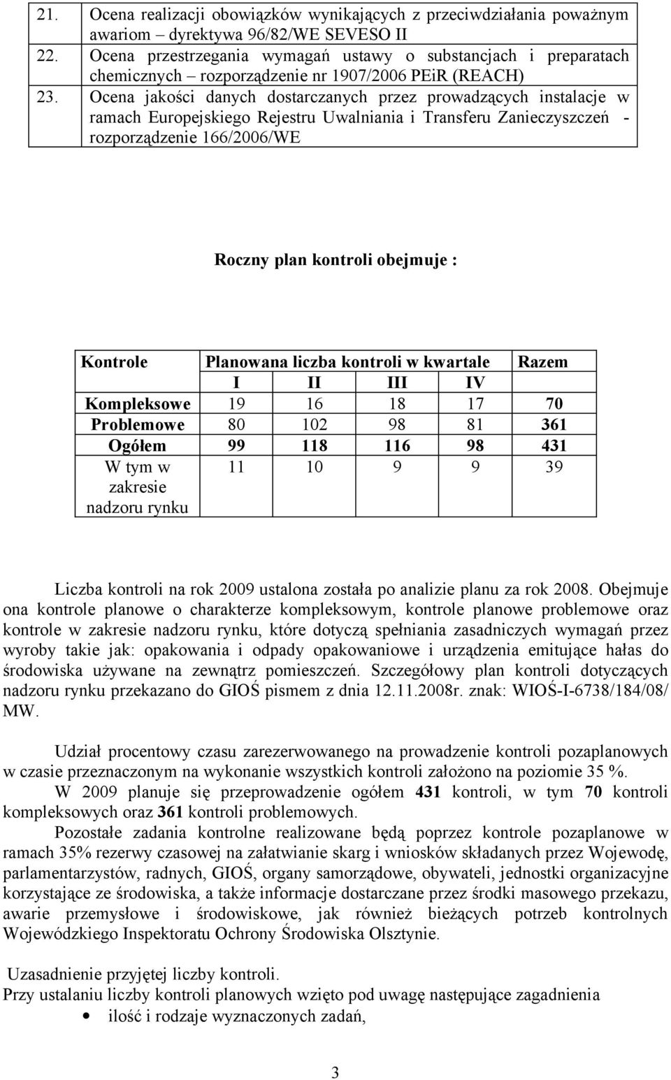 Ocena jakości danych dostarczanych przez prowadzących instalacje w ramach Europejskiego Rejestru Uwalniania i Transferu Zanieczyszczeń - rozporządzenie 166/2006/WE Roczny plan kontroli obejmuje :