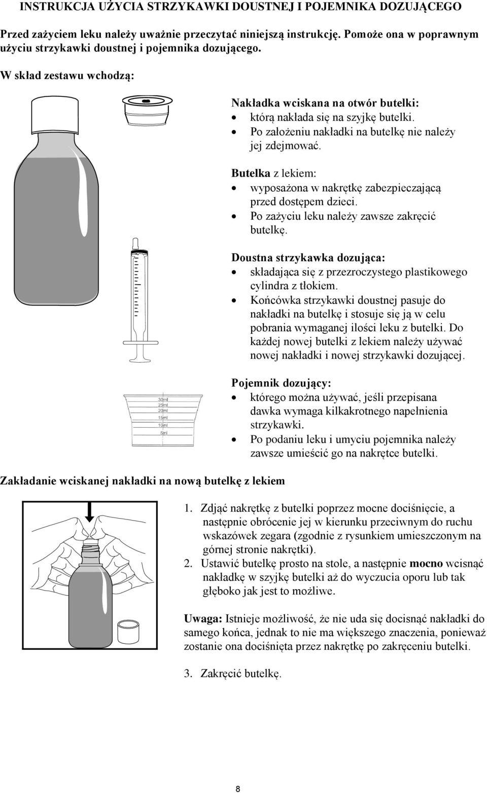 W skład zestawu wchodzą: Zakładanie wciskanej nakładki na nową butelkę z lekiem Nakładka wciskana na otwór butelki: którą nakłada się na szyjkę butelki.