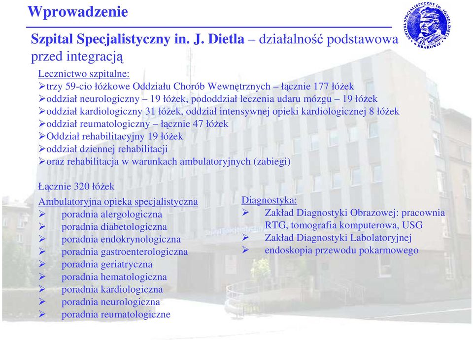 19 łóŝek oddział kardiologiczny 31 łóŝek, oddział intensywnej opieki kardiologicznej 8 łóŝek oddział reumatologiczny łącznie 47 łóŝek Oddział rehabilitacyjny 19 łóŝek oddział dziennej rehabilitacji