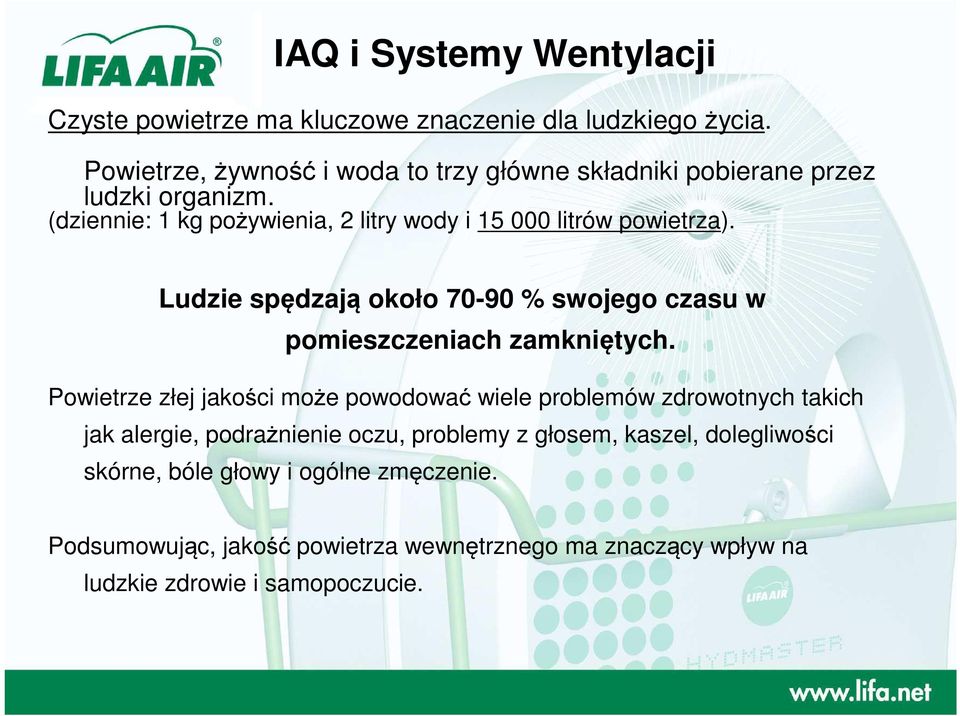 (dziennie: 1 kg pożywienia, 2 litry wody i 15 000 litrów powietrza). Ludzie spędzają około 70-90 % swojego czasu w pomieszczeniach zamkniętych.