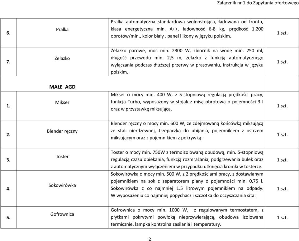 2,5 m, żelazko z funkcją automatycznego wyłączania podczas dłuższej przerwy w prasowaniu, instrukcja w języku polskim. MAŁE AGD 1. Mikser Mikser o mocy min.