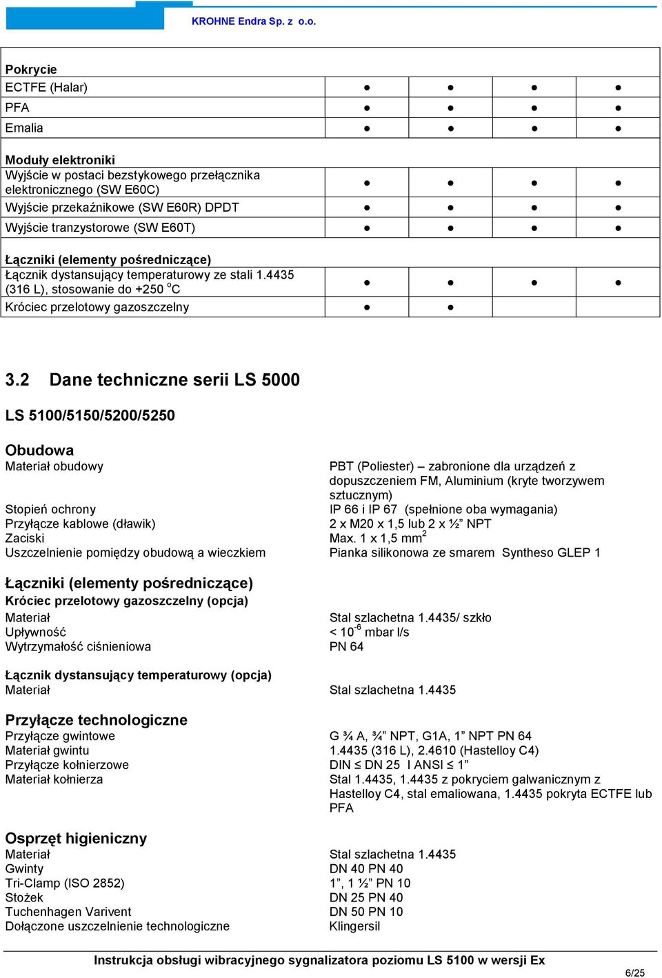 2 Dane techniczne serii LS 5000 LS 5100/5150/5200/5250 Obudowa Materiał obudowy PBT (Poliester) zabronione dla urządzeń z dopuszczeniem FM, Aluminium (kryte tworzywem sztucznym) IP 66 i IP 67