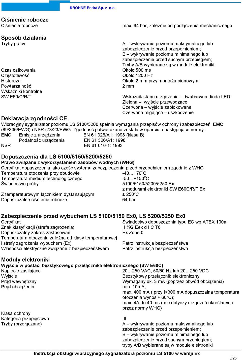 zabezpieczenie przed przepełnieniem; B wykrywanie poziomu minimalnego lub zabezpieczenie przed suchym przebiegiem; Tryby A/B wybierane są w module elektroniki Około 500 ms Około 1200 Hz Około 2 mm