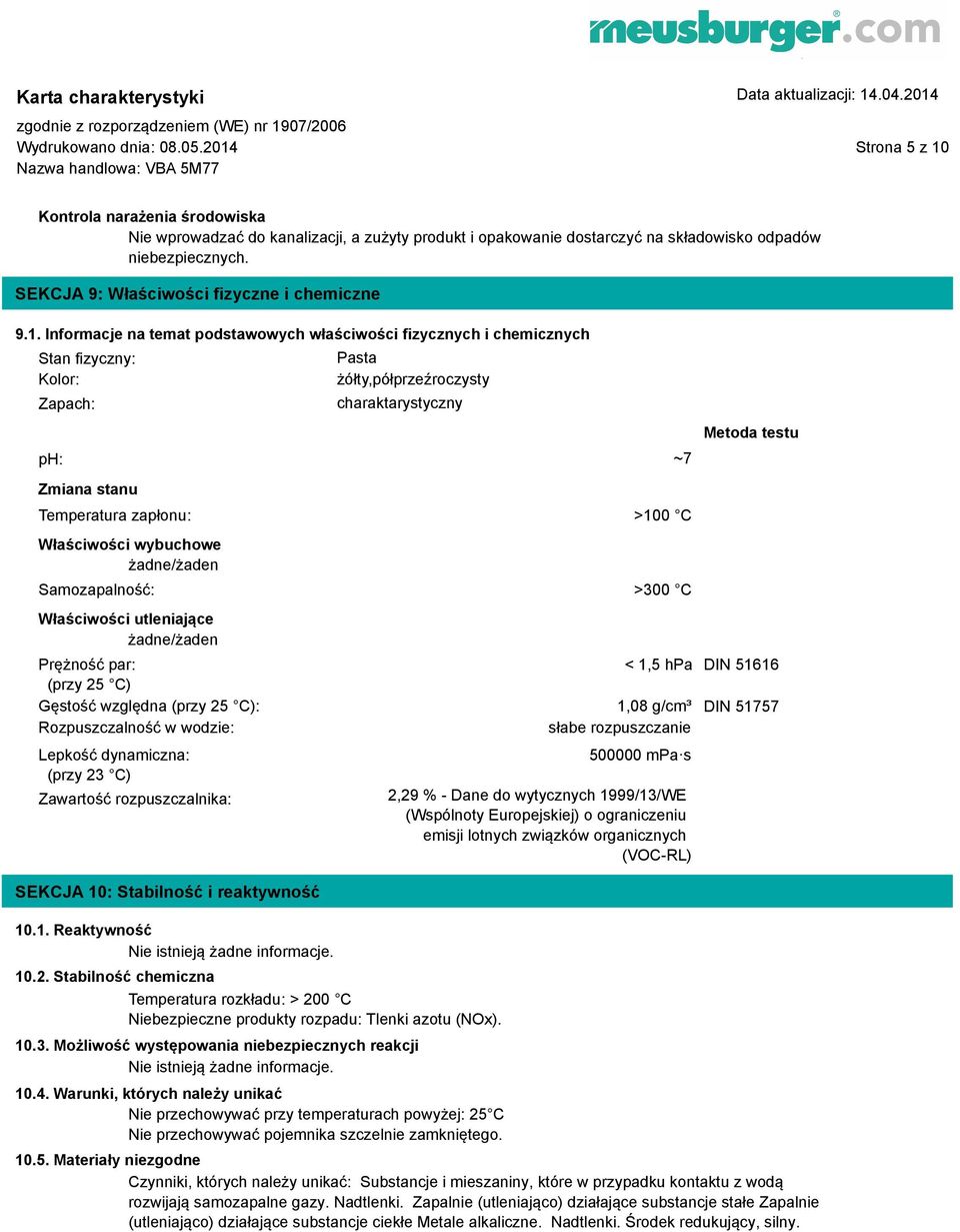 Informacje na temat podstawowych właściwości fizycznych i chemicznych Stan fizyczny: Kolor: Zapach: Pasta żółty,półprzeźroczysty charaktarystyczny ph: ~7 Zmiana stanu Temperatura zapłonu: Właściwości