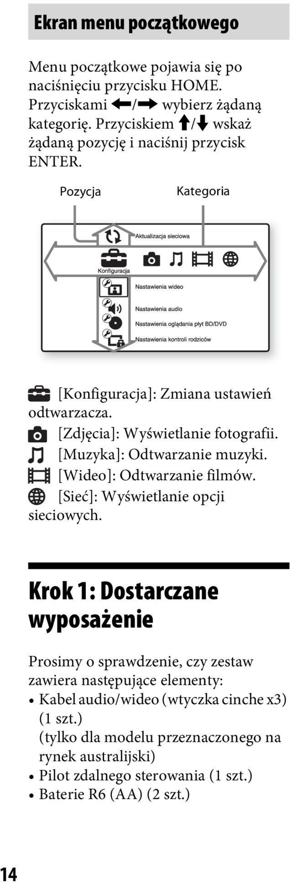 [Muzyka]: Odtwarzanie muzyki. [Wideo]: Odtwarzanie filmów. [Sieć]: Wyświetlanie opcji sieciowych.