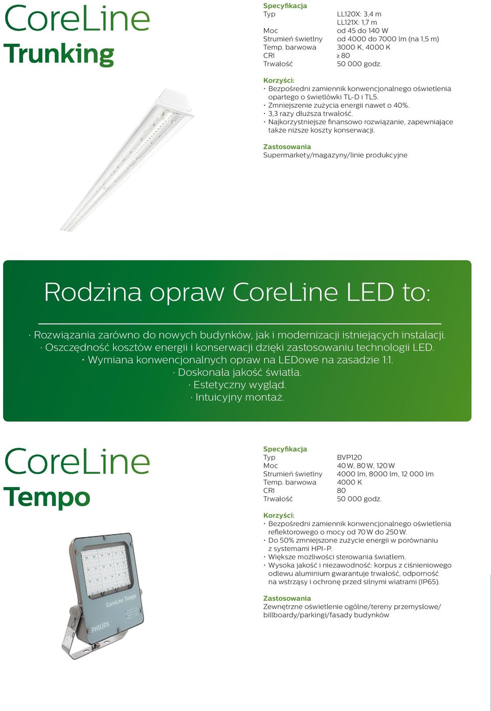 Supermarkety/magazyny/linie produkcyjne Rodzina opraw CoreLine LED to: Rozwiązania zarówno do nowych budynków, jak i modernizacji istniejących instalacji.