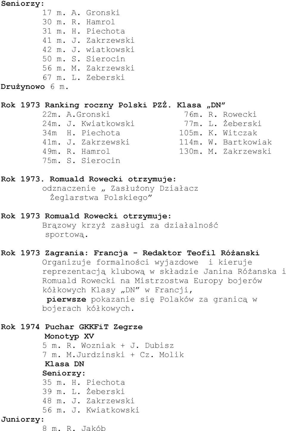 Sierocin Rok 1973. Romuald Rowecki otrzymuje: odznaczenie Zasłużony Działacz Żeglarstwa Polskiego Rok 1973 Romuald Rowecki otrzymuje: Brązowy krzyż zasługi za działalność sportową.