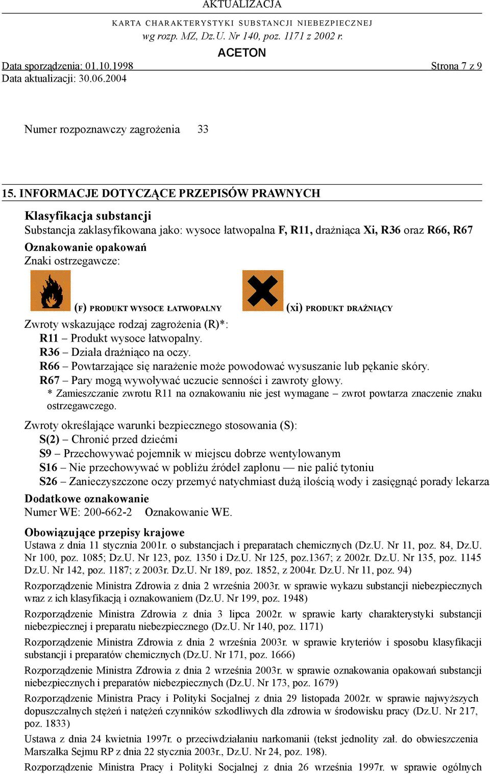 PRODUKT WYSOCE ŁATWOPALNY (Xi) PRODUKT DRAŻNIĄCY Zwroty wskazujące rodzaj zagrożenia (R)*: R11 Produkt wysoce łatwopalny. R36 Działa drażniąco na oczy.