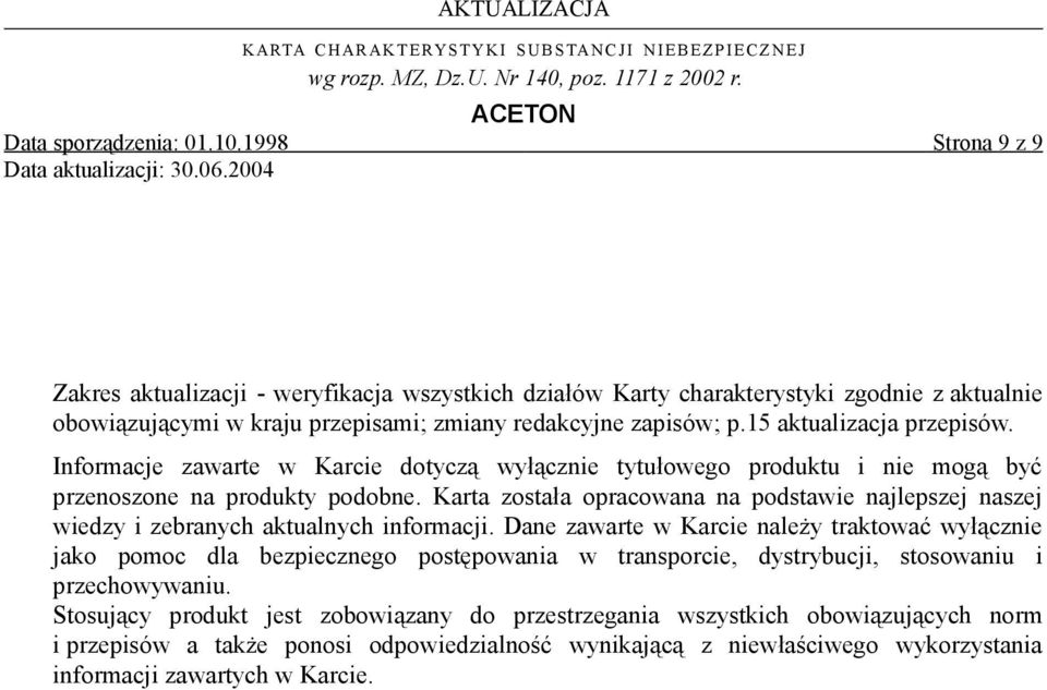 15 aktualizacja przepisów. Informacje zawarte w Karcie dotyczą wyłącznie tytułowego produktu i nie mogą być przenoszone na produkty podobne.