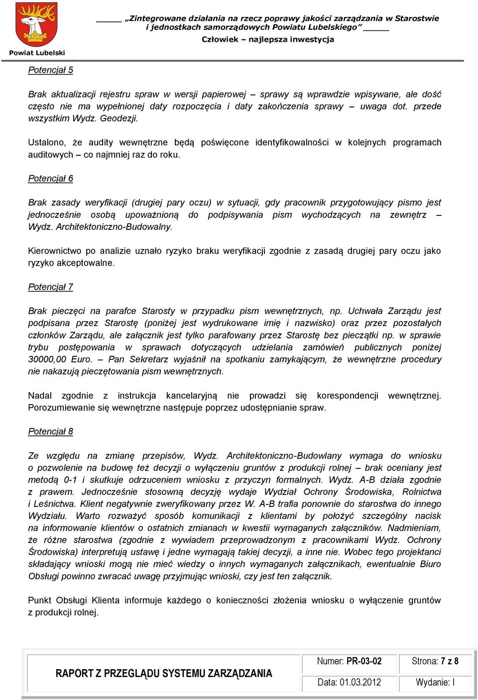 Potencjał 6 Brak zasady weryfikacji (drugiej pary oczu) w sytuacji, gdy pracownik przygotowujący pismo jest jednocześnie osobą upoważnioną do podpisywania pism wychodzących na zewnętrz Wydz.