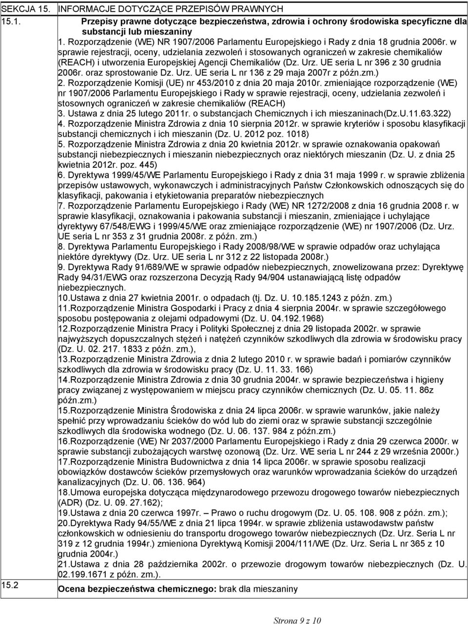 w sprawie rejestracji, oceny, udzielania zezwoleń i stosowanych ograniczeń w zakresie chemikaliów (REACH) i utworzenia Europejskiej Agencji Chemikaliów (Dz. Urz. UE seria L nr 396 z 30 grudnia 2006r.