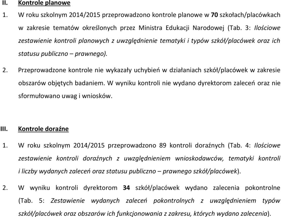 Przeprowadzone kontrole nie wykazały uchybień w działaniach szkół/placówek w zakresie obszarów objętych badaniem. W wyniku kontroli nie wydano dyrektorom zaleceń oraz nie sformułowano uwag i wniosków.