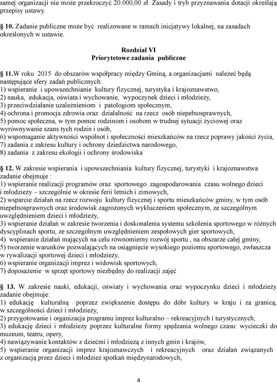 W roku 2015 do obszarów współpracy między Gminą, a organizacjami należeć będą następujące sfery zadań publicznych: 1) wspieranie i upowszechnianie kultury fizycznej, turystyka i krajoznawstwo, 2)