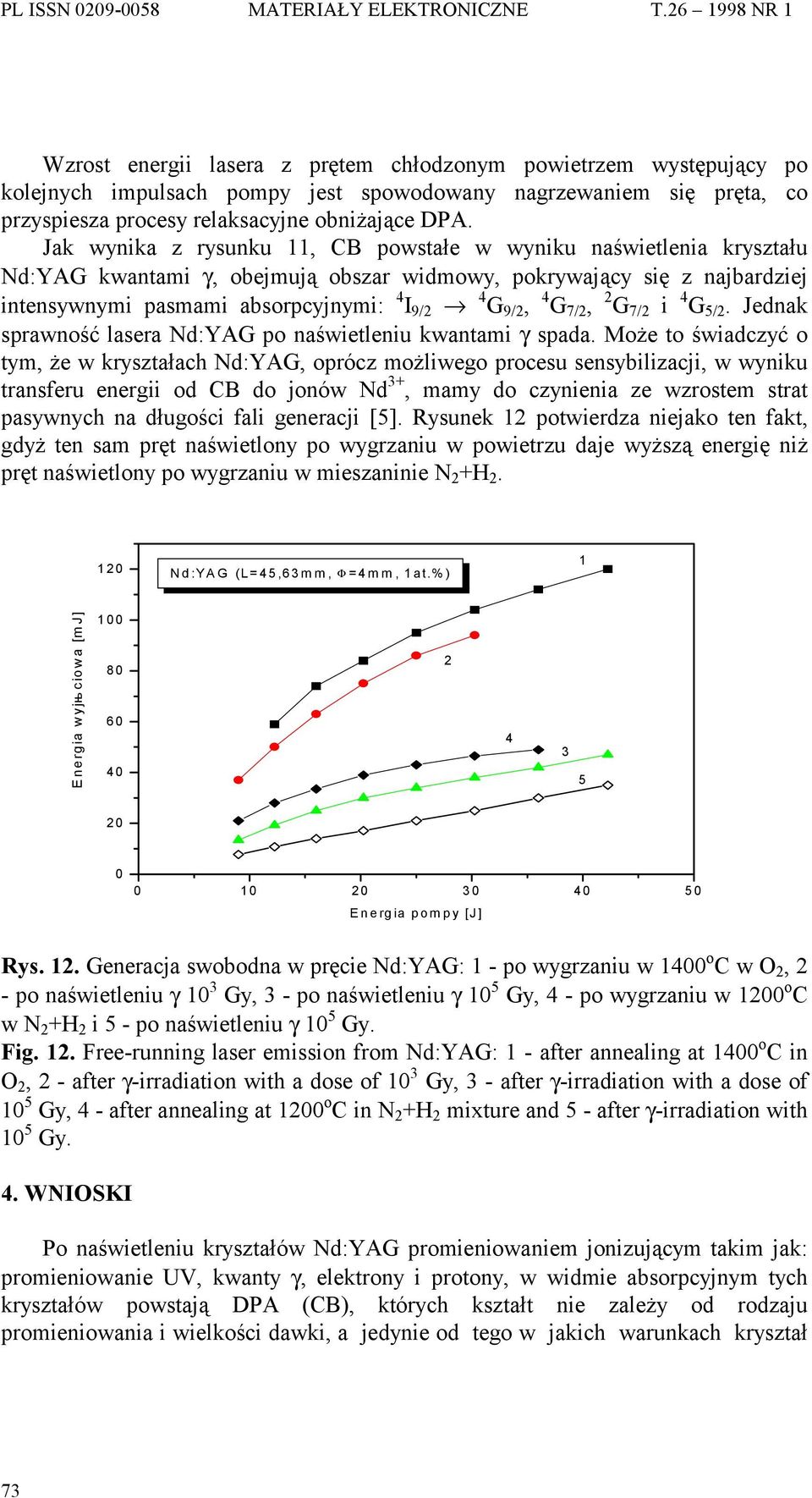 G 7/ i 4 G 5/. Jednak sprawność lasera Nd:YAG po naświetleniu kwantami γ spada.
