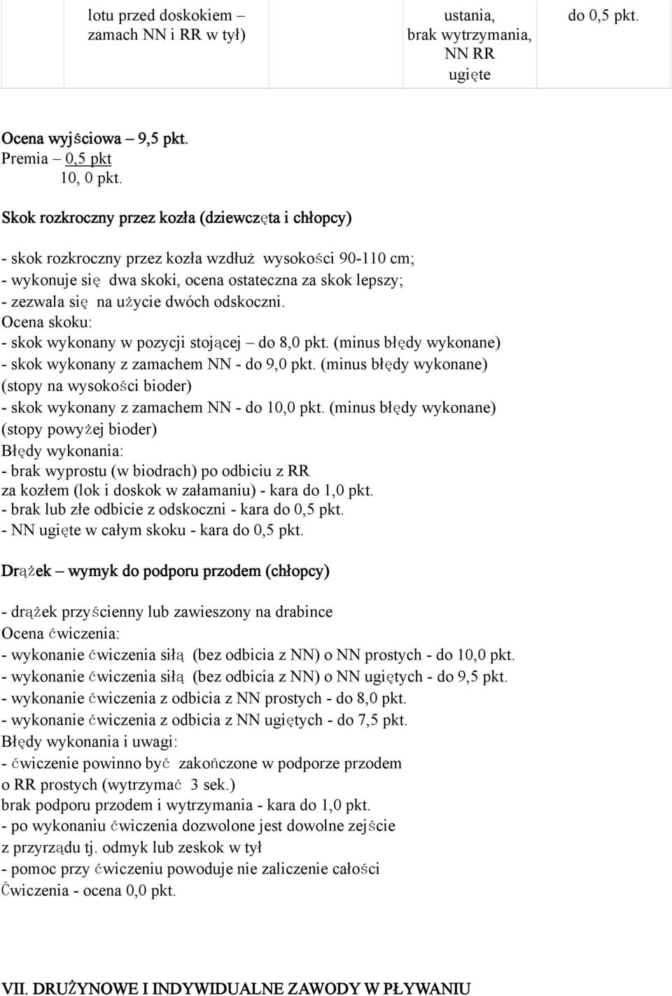 odskoczni. Ocena skoku: - skok wykonany w pozycji stojącej do 8,0 pkt. (minus błędy wykonane) - skok wykonany z zamachem NN - do 9,0 pkt.