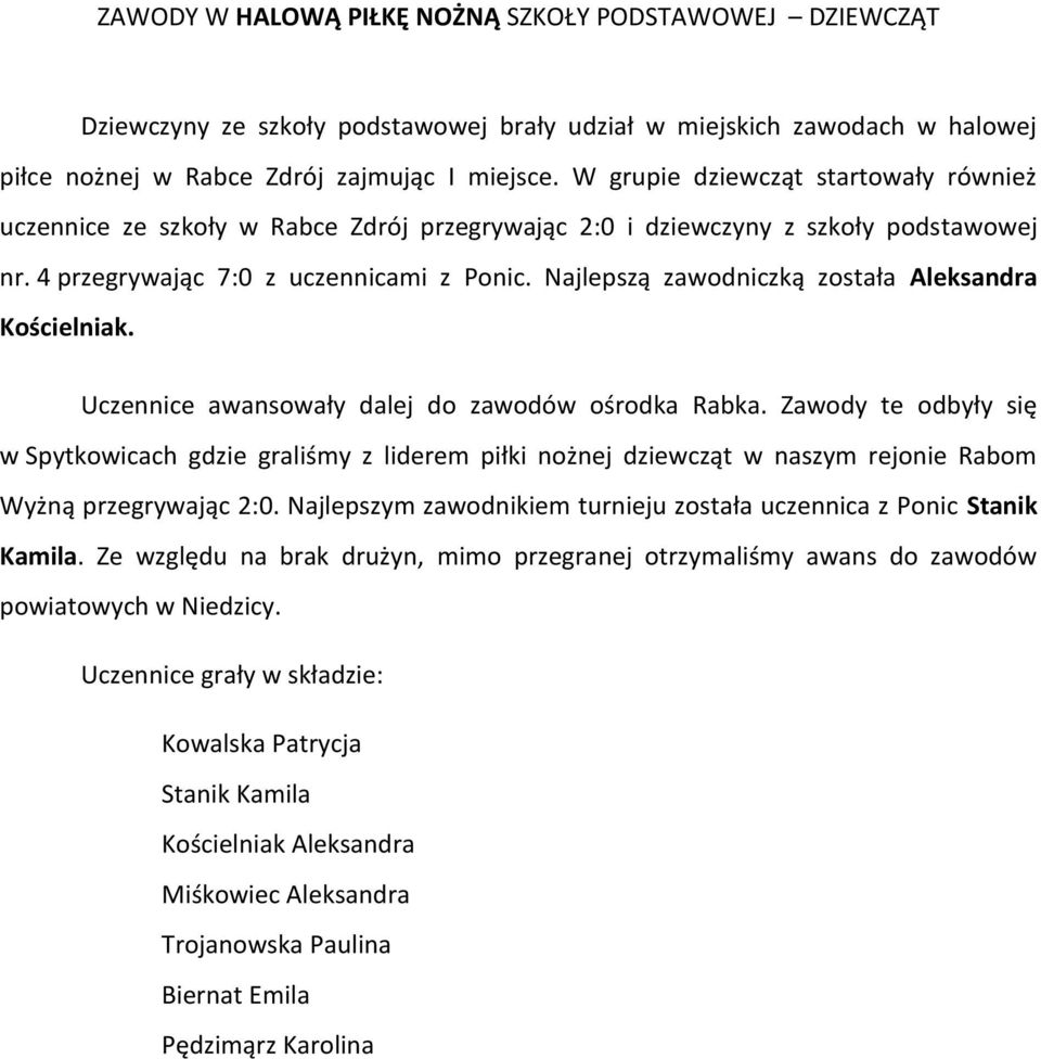 Najlepszą zawodniczką została Aleksandra Kościelniak. Uczennice awansowały dalej do zawodów ośrodka Rabka.