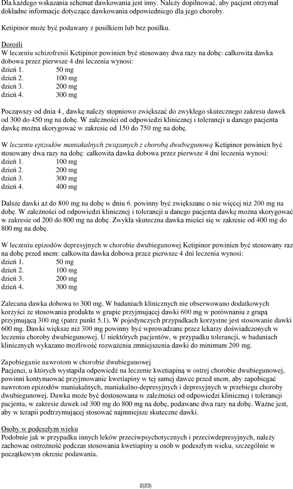 Dorośli W leczeniu schizofrenii Ketipinor powinien być stosowany dwa razy na dobę: całkowita dawka dobowa przez pierwsze 4 dni leczenia wynosi: dzień 1. 50 mg dzień 2. 100 mg dzień 3. 200 mg dzień 4.