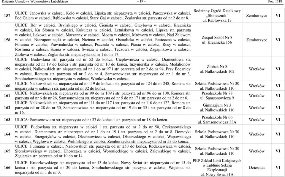 ULCE: Bór w całości, Bryńskiego w całości, Cienista w całości, Grzybowa w całości, Krężnicka w całości, Ku Słońcu w całości, Kukułcza w całości, Letniskowa w całości, Lipska str.