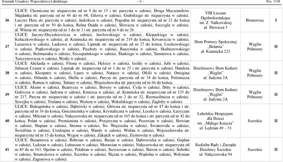 parzysta od nr 50 do końca, Rolna Osada w całości, Słowicza w całości, Szczygla w całości, al. Witosa str. nieparzysta od nr 1 do nr 3 i str. parzysta od nr 6 do nr 26.