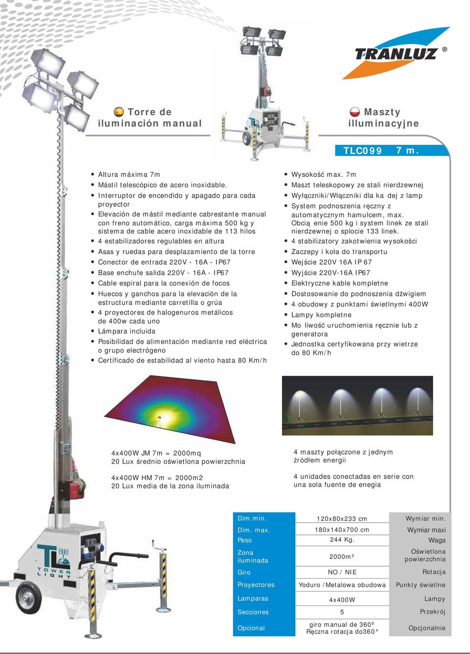 estabilizadores regulables en altura ŸAsas y ruedas para desplazamiento de la torre ŸConector de entrada 220V - 16A - IP67 ŸBase enchufe salida 220V - 16A - IP67 ŸCable espiral para la conexión de