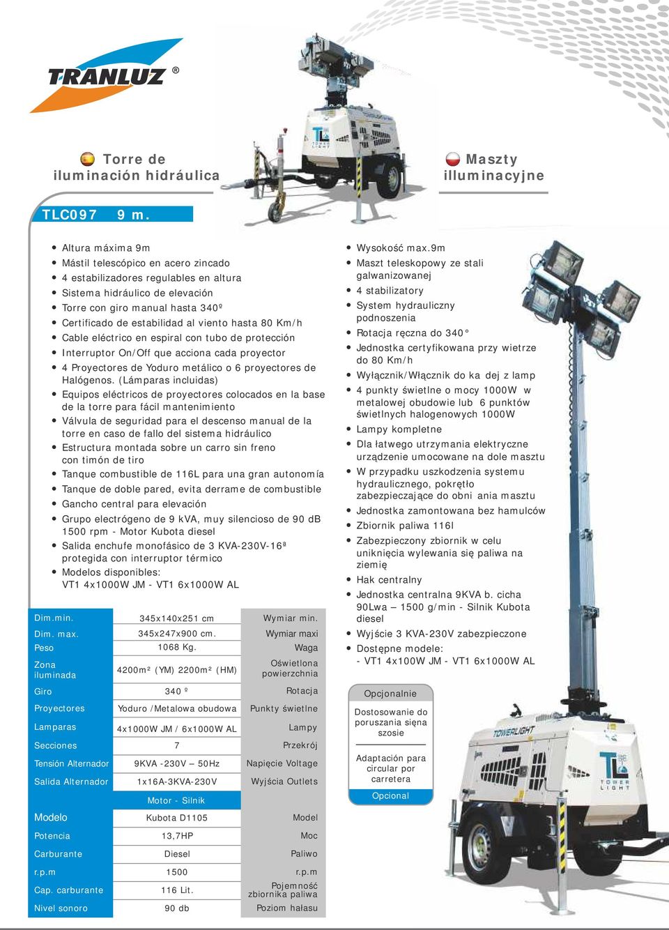 viento hasta 80 Km/h ŸCable eléctrico en espiral con tubo de protección ŸInterruptor On/Off que acciona cada proyector Ÿ4 Proyectores de Yoduro metálico o 6 proyectores de Halógenos.