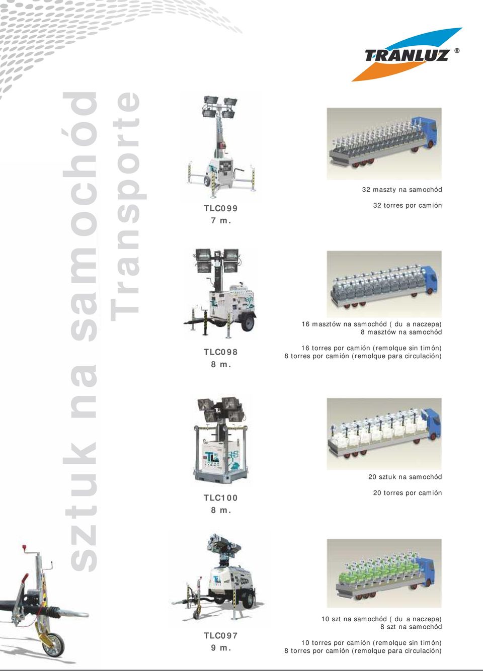 por camión (remolque sin timón) 8 torres por camión (remolque para circulación) 20 sztuk na samochód 20 torres
