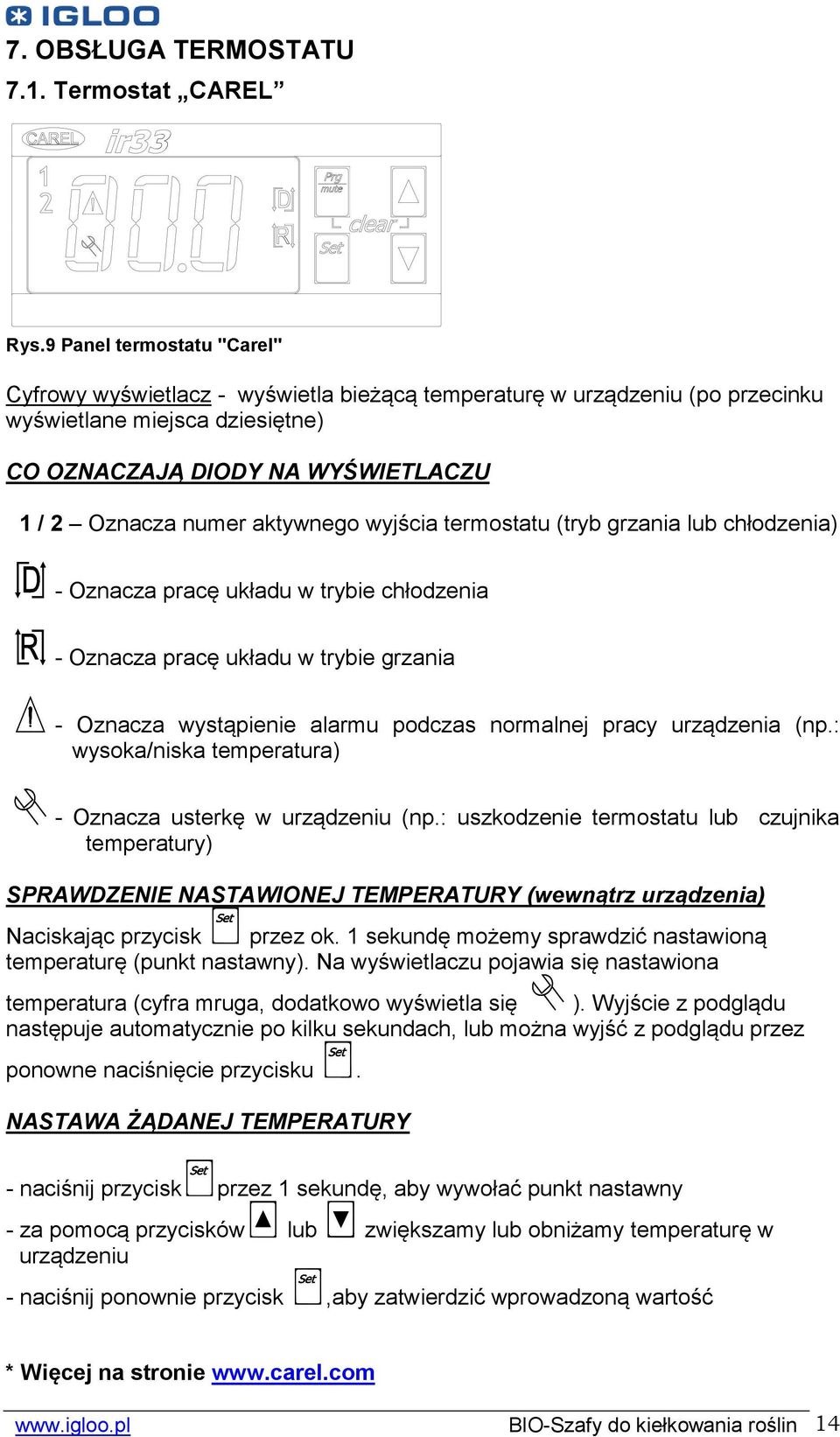 aktywnego wyjścia termostatu (tryb grzania lub chłodzenia) - Oznacza pracę układu w trybie chłodzenia - Oznacza pracę układu w trybie grzania - Oznacza wystąpienie alarmu podczas normalnej pracy