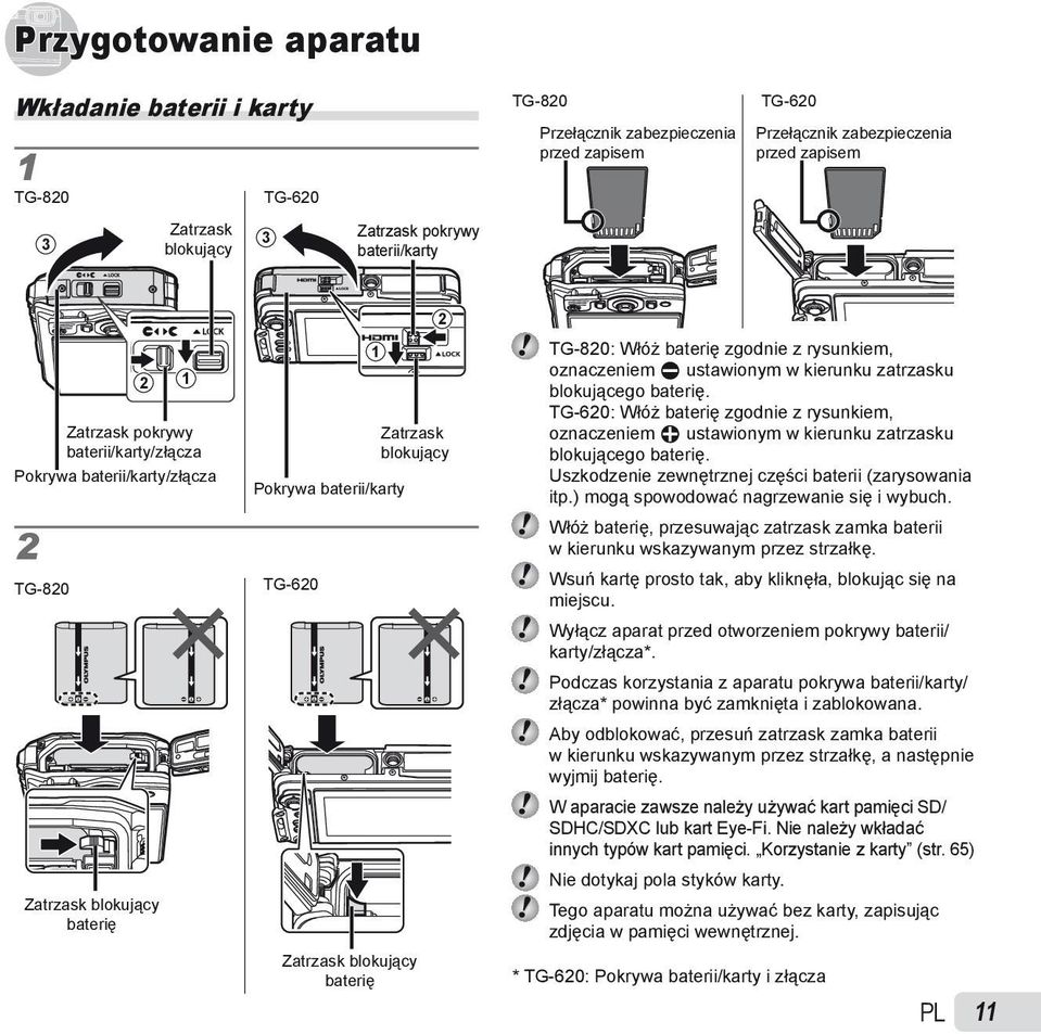 baterię TG-820: Włóż baterię zgodnie z rysunkiem, oznaczeniem C ustawionym w kierunku zatrzasku blokującego baterię.