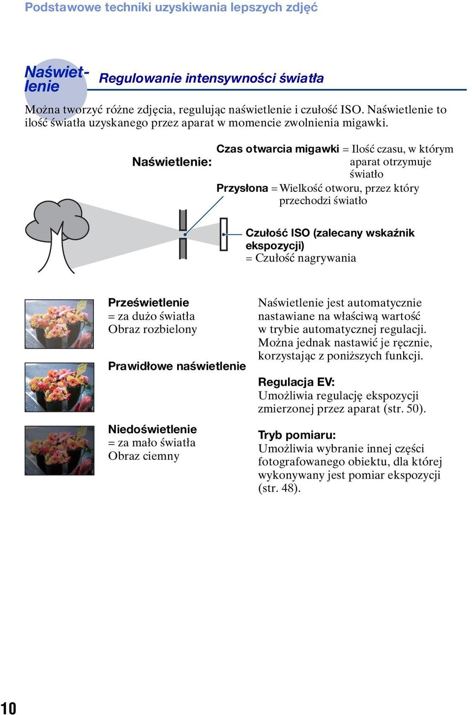 Czas otwarcia migawki = Ilość czasu, w którym Naświetlenie: aparat otrzymuje światło Przysłona = Wielkość otworu, przez który przechodzi światło Czułość ISO (zalecany wskaźnik ekspozycji) = Czułość