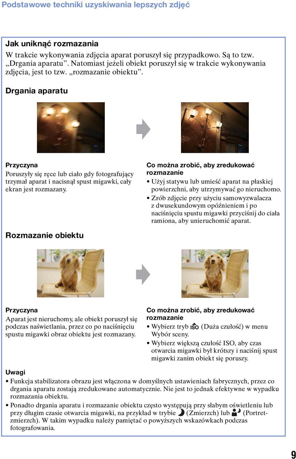 Drgania aparatu Przyczyna Poruszyły się ręce lub ciało gdy fotografujący trzymał aparat i nacisnął spust migawki, cały ekran jest rozmazany.
