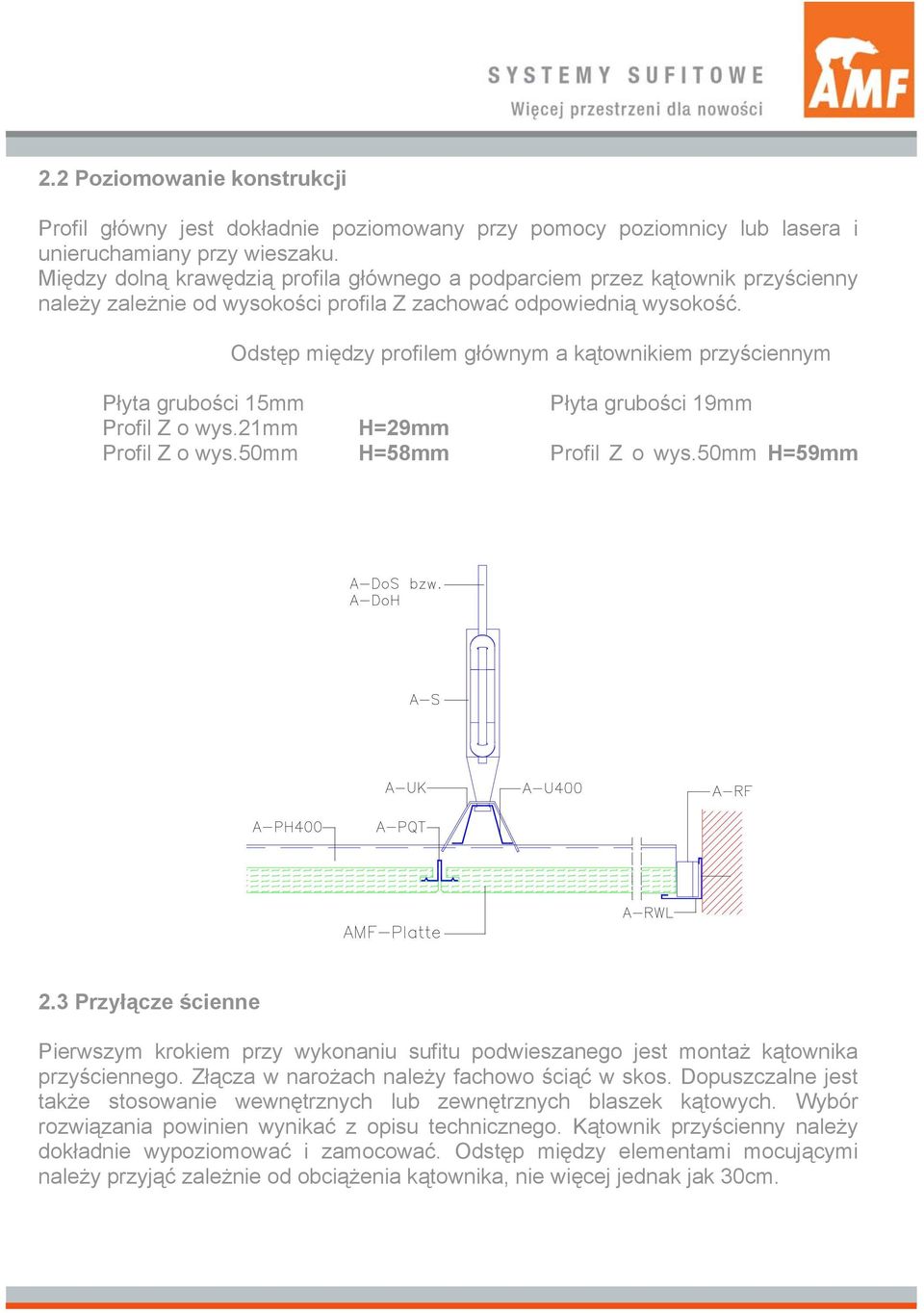 Odstęp między profilem głównym a kątownikiem przyściennym Płyta grubości 15mm Płyta grubości 19mm Profil Z o wys.21mm H=29mm Profil Z o wys.50mm H=58mm Profil Z o wys.50mm H=59mm 2.