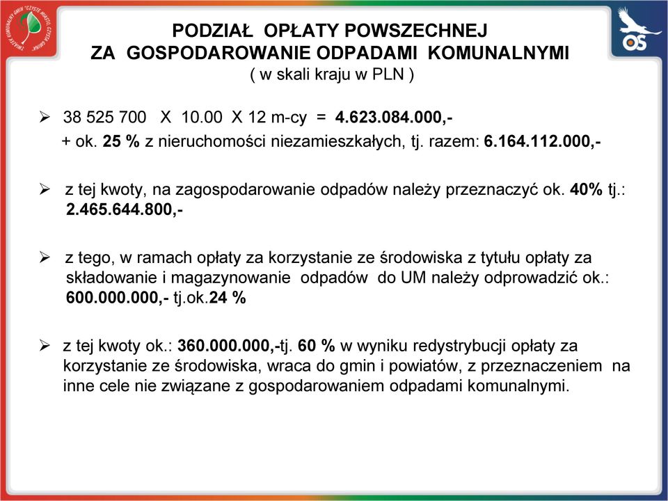 800,- z tego, w ramach opłaty za korzystanie ze środowiska z tytułu opłaty za składowanie i magazynowanie odpadów do UM należy odprowadzić ok.: 600.000.000,- tj.ok.24 % z tej kwoty ok.