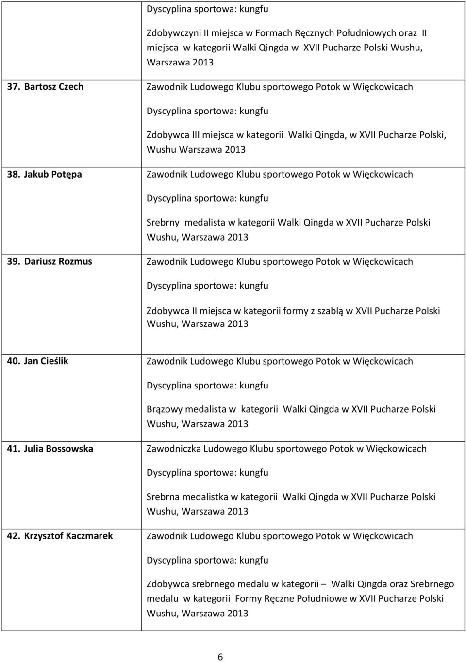 Jakub Potępa Zawodnik Ludowego Klubu sportowego Potok w Więckowicach Srebrny medalista w kategorii Walki Qingda w XVII Pucharze Polski 39.