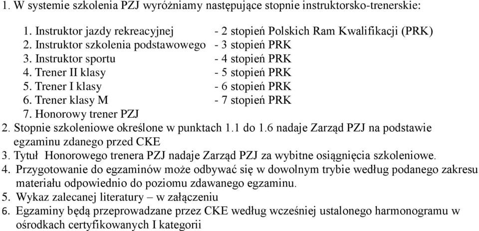 Honorowy trener PZJ 2. Stopnie szkoleniowe określone w punktach 1.1 do 1.6 nadaje Zarząd PZJ na podstawie egzaminu zdanego przed CKE 3.