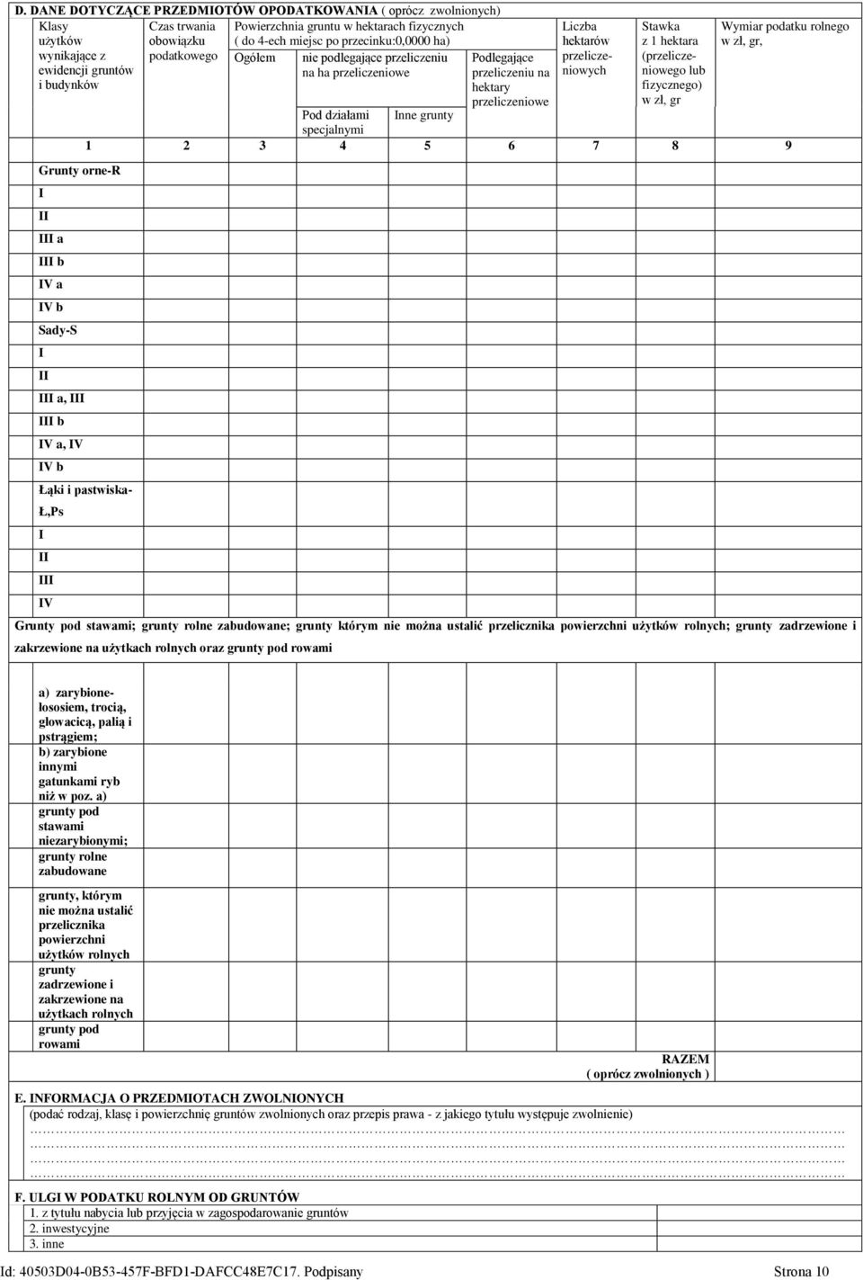 orne-r I II III a III b IV a IV b Sady-S I II III a, III III b IV a, IV IV b Liczba hektarów przeliczeniowych Stawka z 1 hektara (przeliczeniowego lub fizycznego) w zł, gr Wymiar podatku rolnego w