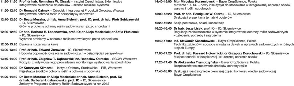 roślin z perspektywy sadownika 12:10-12:30 Dr Beata Meszka, dr hab. Anna Bielenin, prof. IO; prof. dr hab. Piotr Sobiczewski IO, Skierniewice Główne problemy ochrony roślin sadowniczych przed chorobami 12:30-12:50 Dr hab.