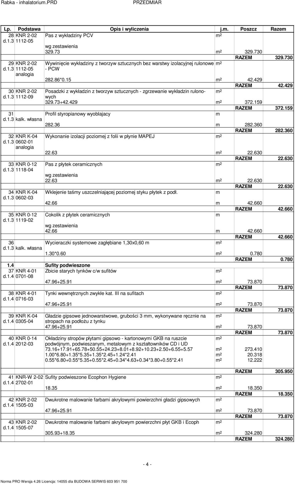 429 Posadzki z wykładzin z tworzyw ucznych - zgrzewanie wykładzin rulonowych 329.73+42.429 372.159 RAZEM 372.159 Profil styropianowy wyoblajacy 282.36 82.360 RAZEM 282.