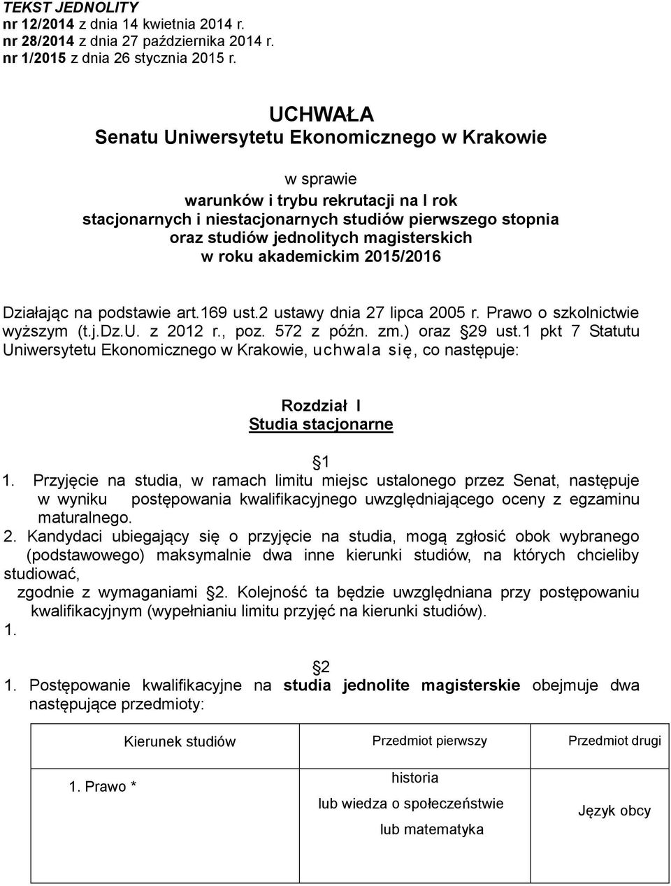 w roku akademickim 2015/2016 Działając na podstawie art.169 ust.2 ustawy dnia 27 lipca 2005 r. Prawo o szkolnictwie wyższym (t.j.dz.u. z 2012 r., poz. 572 z późn. zm.) oraz 29 ust.