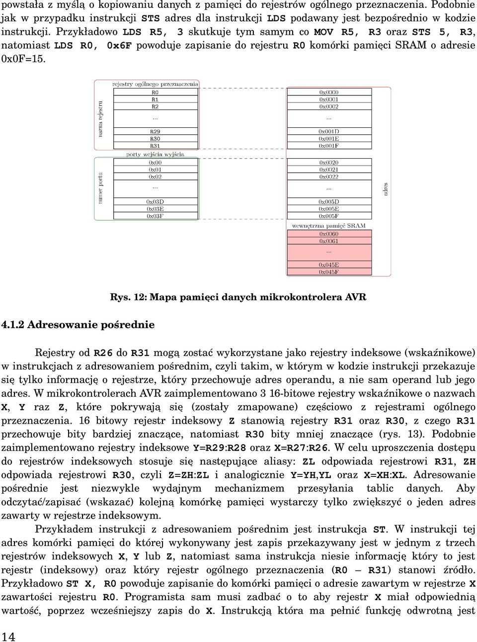 12: Mapa pamięci danych mikrokontrolera AVR 4.1.2 Adresowanie pośrednie Rejestry od R26 do R31 mogą zostać wykorzystane jako rejestry indeksowe (wskaźnikowe) w instrukcjach z adresowaniem pośrednim,