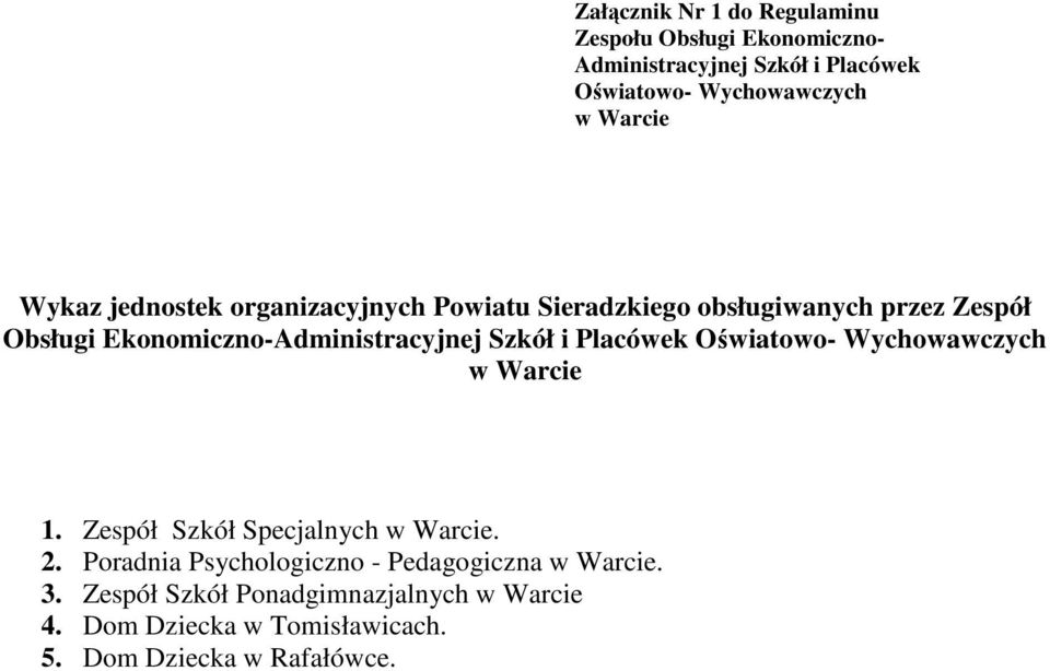 Ekonomiczno-Administracyjnej Szkół i Placówek Oświatowo- Wychowawczych w Warcie 1. Zespół Szkół Specjalnych w Warcie. 2.