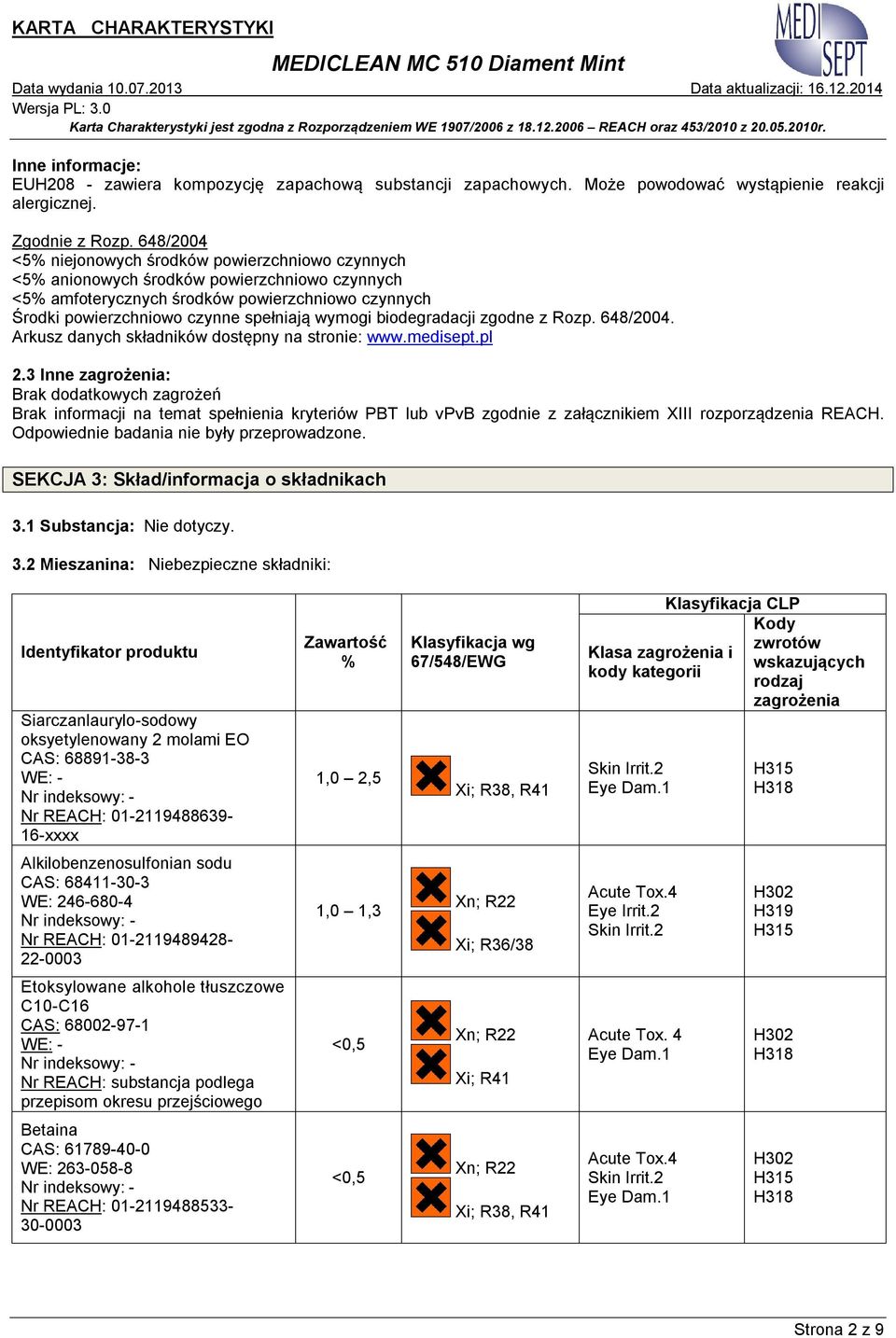 wymogi biodegradacji zgodne z Rozp. 648/2004. Arkusz danych składników dostępny na stronie: www.medisept.pl 2.